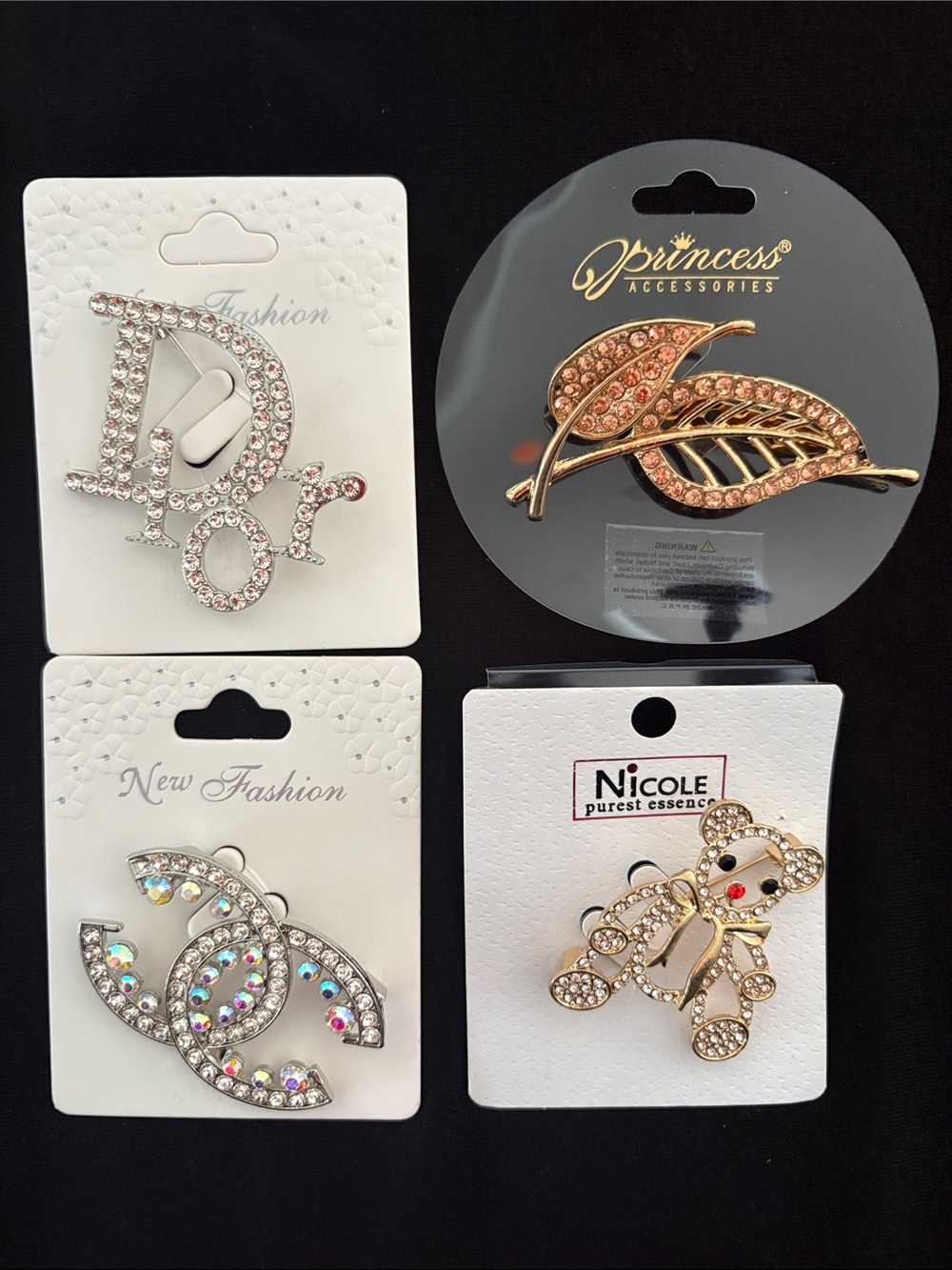 Fashion Gold and Silver Tone Crystal Brooch’s Set of 4